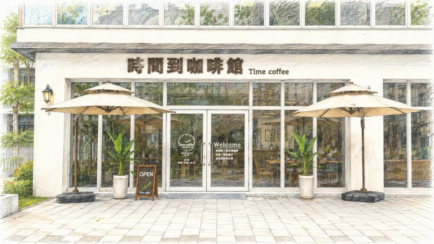 時間到咖啡館台中二館店面手繪:白色建築、玻璃落地窗與兩把大陽傘